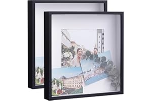 eletecpro 8x8 Shadow Box with Glass Cover Set of 2, Display 4x4 Picture with Mat, Deep Display Case for Memorabilia, Wedding, Flowers and Gifts, Black