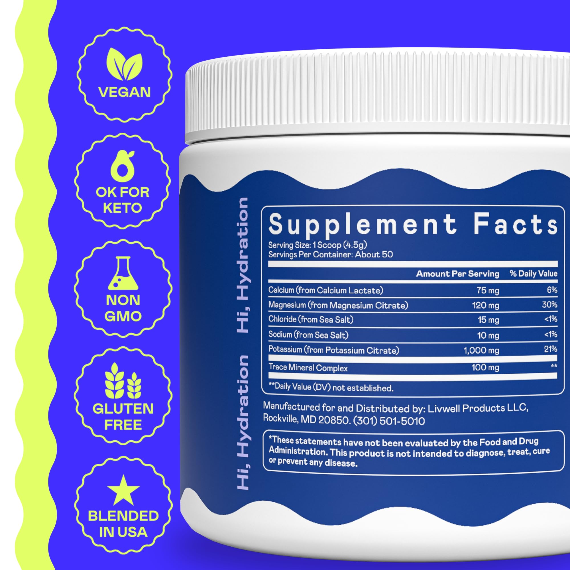 Hi-Lyte K1000 Electrolytes Powder Mix Unflavored Keto & Performance, 50 Servings