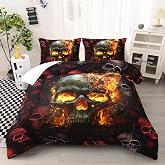 AILONEN Fire Skull Bedding Set Full Size, 3D Skeleton Comforter Set Bedroom Decor Men,Fiery Style Black Tint Soft Breathable Bed in a Bag,3 Pieces,1 Quilt and 2 Pillowcases