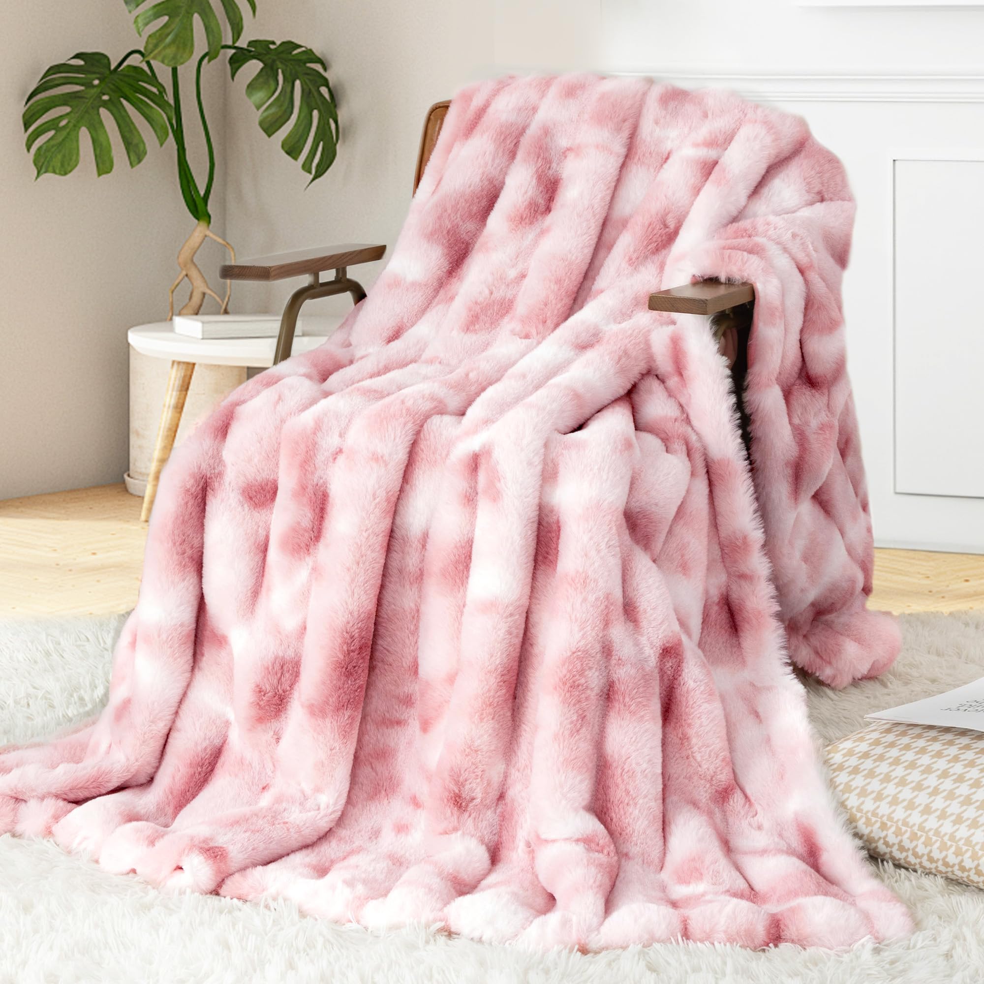 Touchat Luxury Faux Rabbit Fur Throw Blanket for Couch, Super Heavy Warm Cozy Blanket for Sofa Bedroom Living Room, Ultra Soft Fluffy Reversible Plush Blanket for Home Decor Gifts, Tie-dye Pink Image