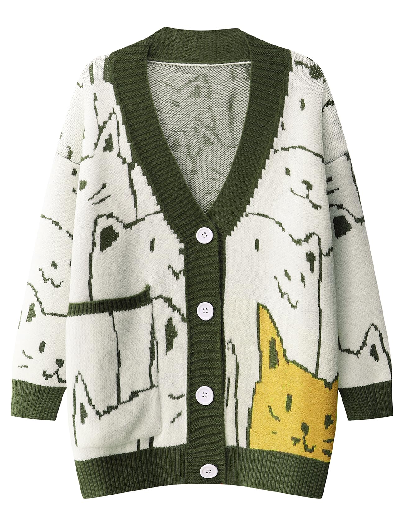 Arssm Cat Sweater for Women Oversized Button Down V Neck Knit Cardigan Cute Kawaii Cartoon Print Sweater Fall Clothes(ArmyGreen-XL) Image