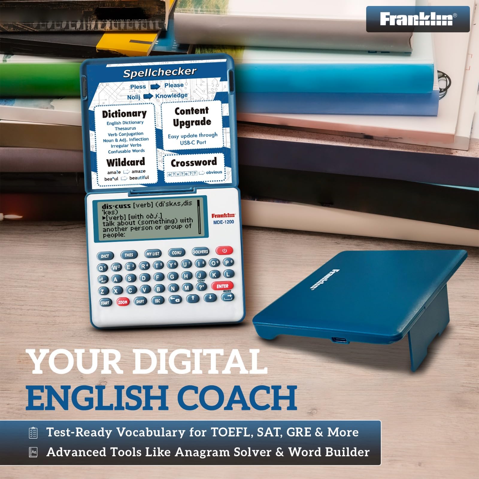Franklin MDE-1200 Electronic Dictionary and Thesaurus – English Dictionary, Synonyms, Spell Checker, Word Games, Grammar Tools, Digital Dictionary, Portable Device with LCD Screen