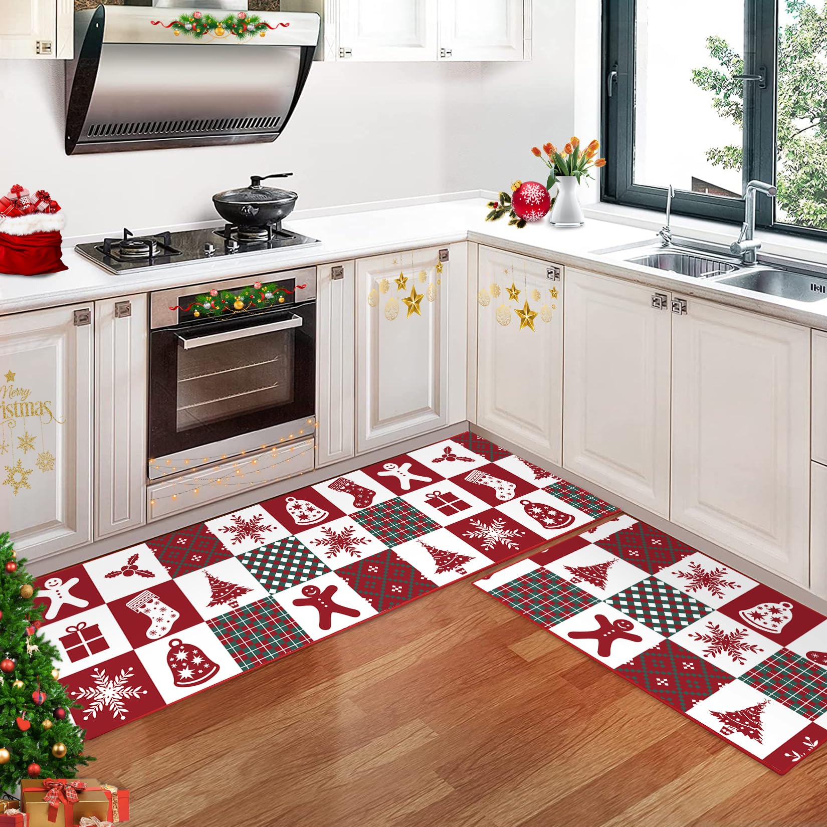 CAROMIO Christmas Kitchen Mat Washable Runner Rug Non-Skid Rugs and Mats Xmas Decorative Runner Mats Non-Slip Kitchen Floor Mat for Laundry Sink, 40x60+40x120 cm
