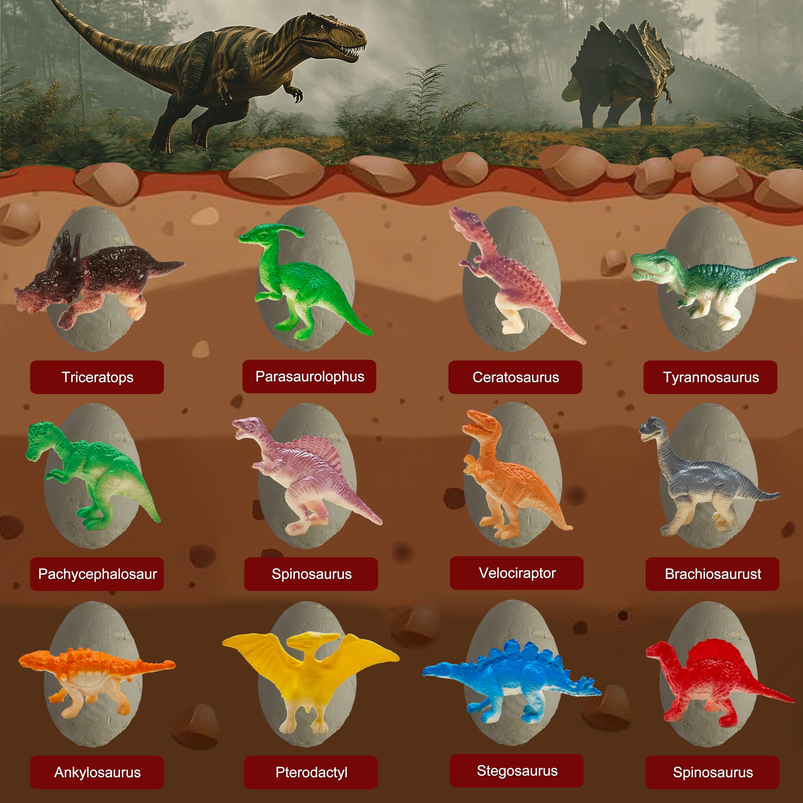 Dino Eggs Dig Kit 12Pcs Dinosaur Excavation Bricks Toys Archaeology Science STEM Experiments Toy Egg Hunt Party Gift for Kids 6-12 Years Old and Up Boys Girls