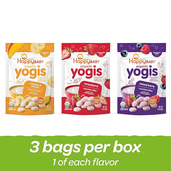 HAPPY BABY ORGANICS YOGIS FREEZE-DRIED YOGURT & FRUIT SNACKS, 3 FLAVOR VARIETY PACK, 1 OUNCE (PACK OF 3)