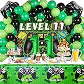 Vlipoeasn 90PCS Video Game Party Decorations for Boys Set - Green 11th Birthday Supplies - Video Game Backdrop, Balloons, Tablecloth, Gamer and 9 Foil Balloons
