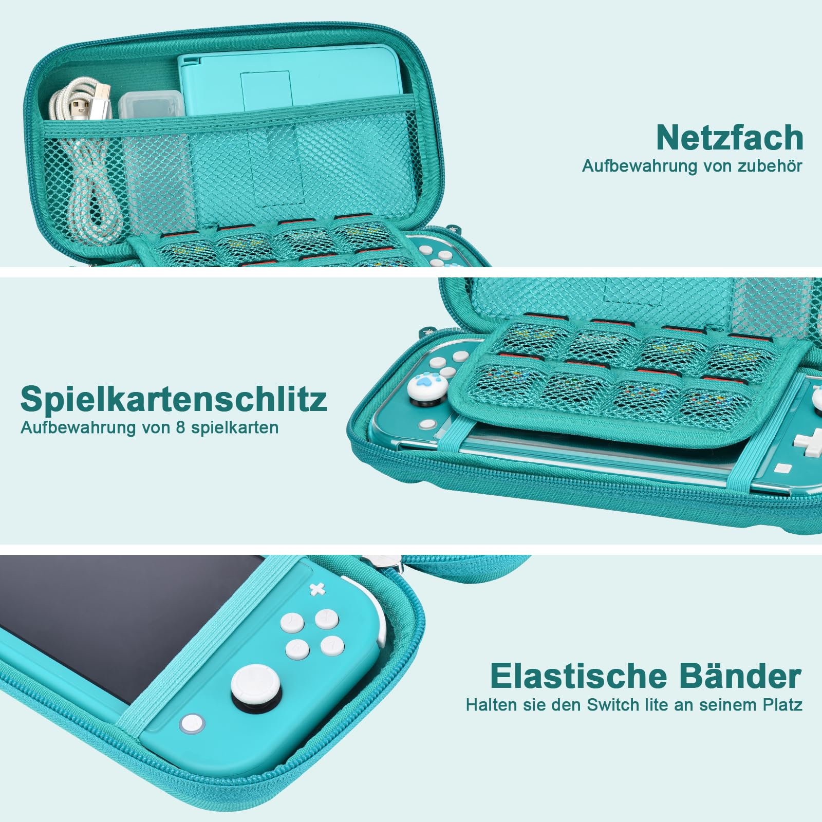 Younik Switch Lite Hülle, 14-in-1 Switch Lite Zubehör mit Switch Lite Tasche, klare Schutzhülle, Spielkartenhülle, 2 Bildschirmschützern, 6 Daumengriffen, Anhänger, Türkise Tragetasche für Switch Lite 3