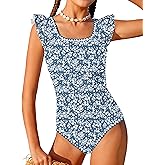 Girls Swimsuit Ruffled Square Neck Color Contrast Trim One Piece Bathing Suit Geometric Girls'Swimwear 9-16Y