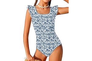 CRISONE Girls Swimsuit Ruffled Square Neck Color Contrast Trim One Piece Bathing Suit Geometric Girls'Swimwear 9-16Y