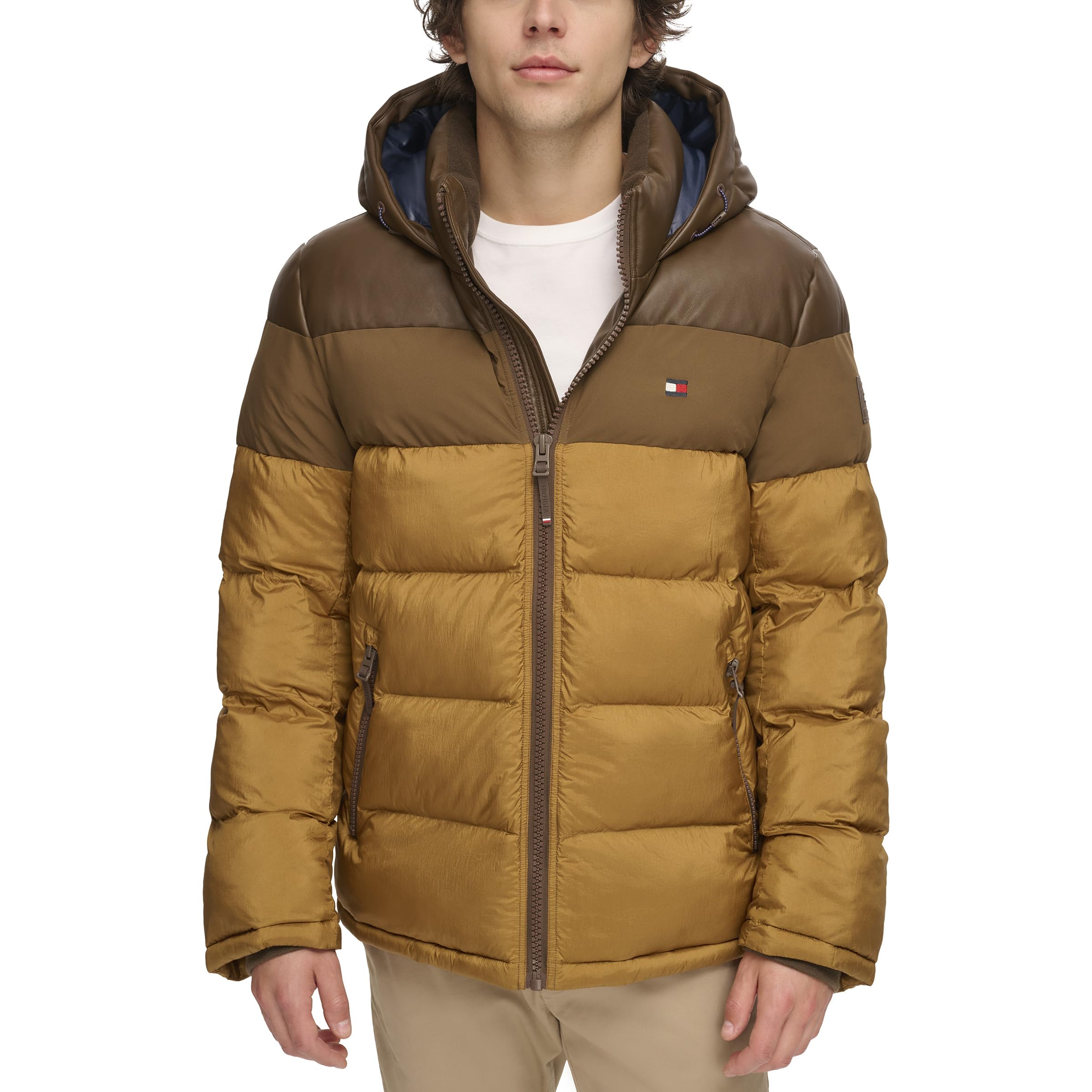 Tommy Hilfiger Men's Hooded Puffer Jacket, Brown Color Block, Medium Image