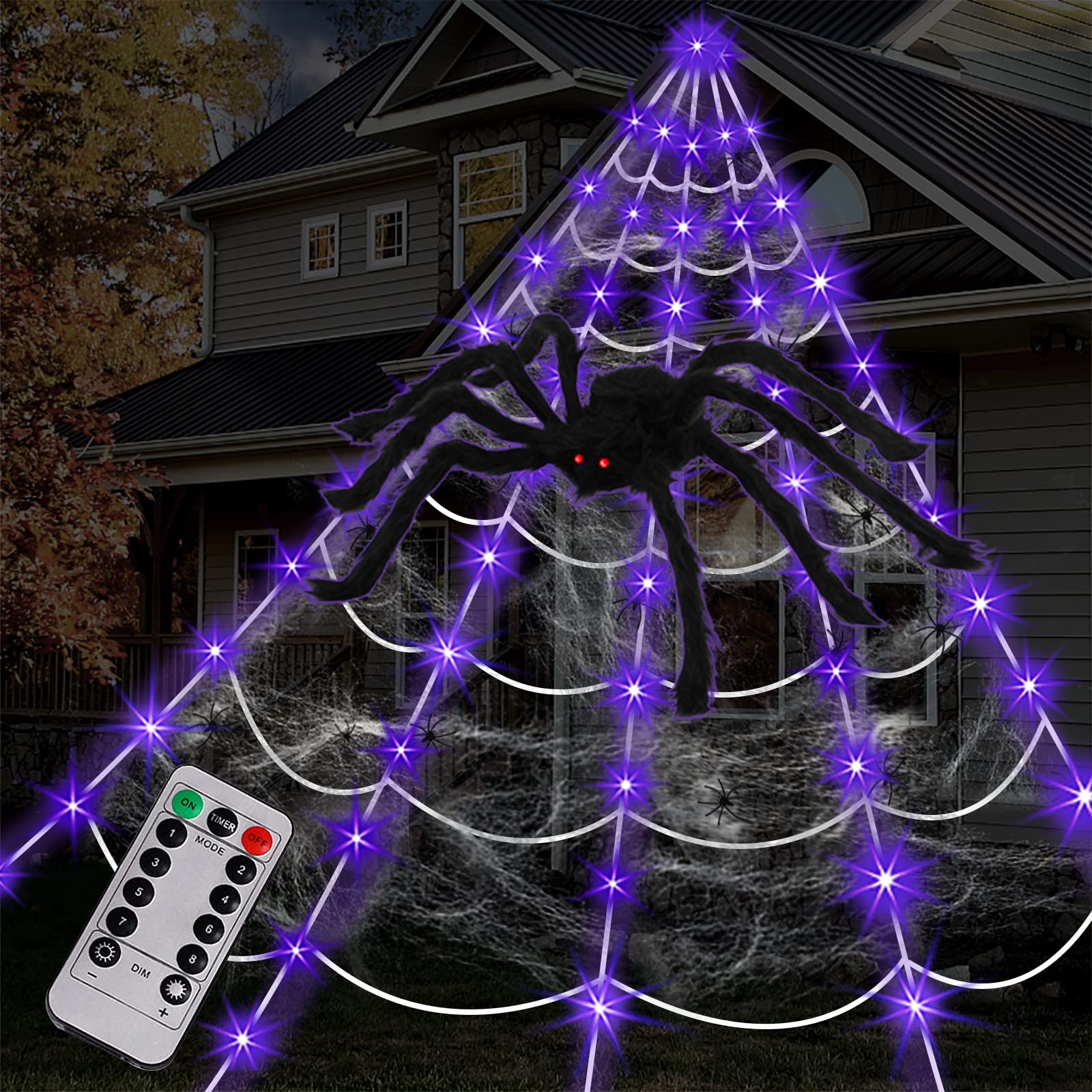Photo 1 of Spider Web Halloween Decorations Outdoor Lights, 125 Purple LED Light Up 16.4Ft Giant Spiderweb & 60" Large Spider & 22 Small Spiders & 20g Stretch Cobweb, 8 Modes Lighted Decor for Yard Outside