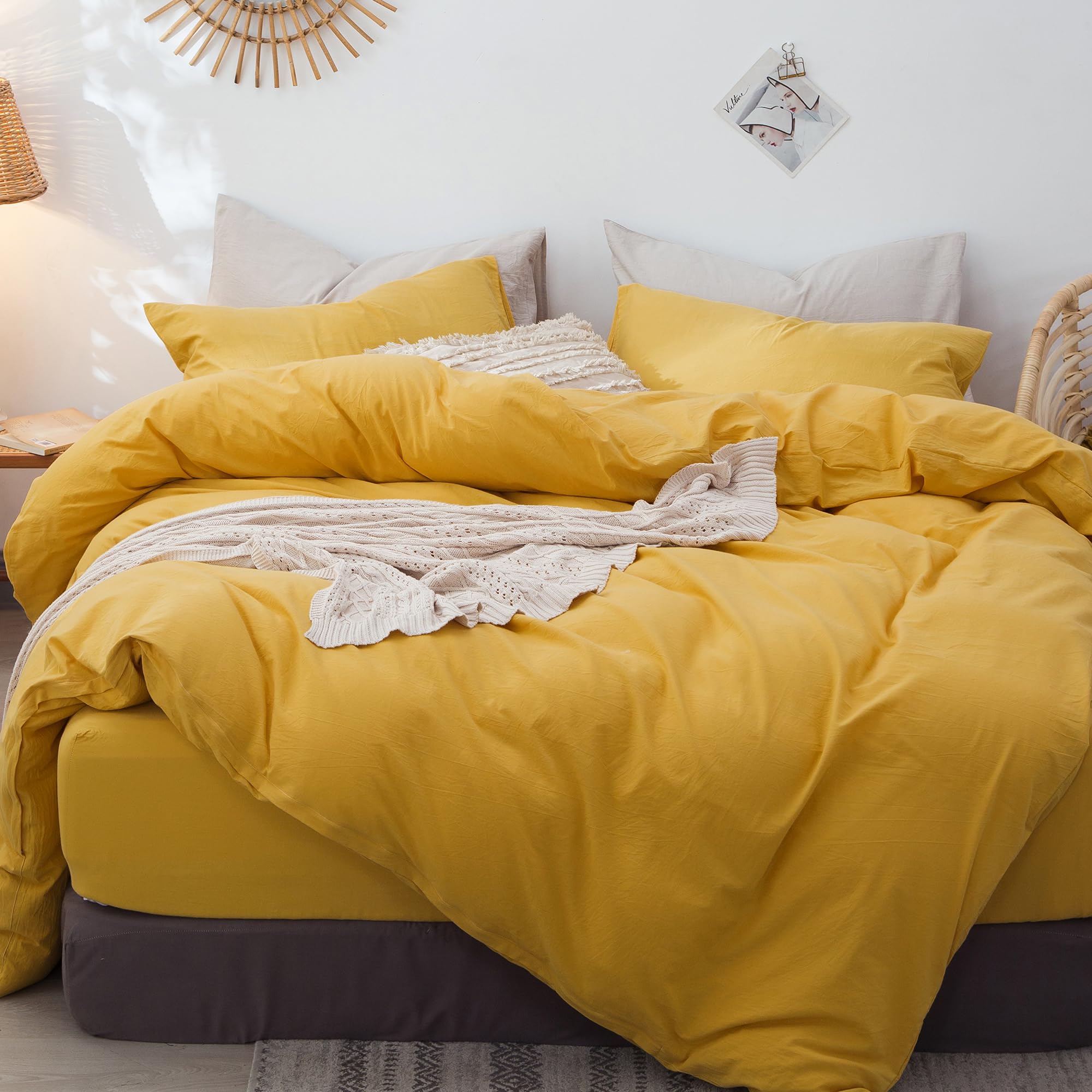 Photo 1 of MooMee Bedding Duvet Cover Set 100% Washed Cotton Linen Like Textured Breathable Durable Soft Comfy (Solid Yellow, Full 80"x90")