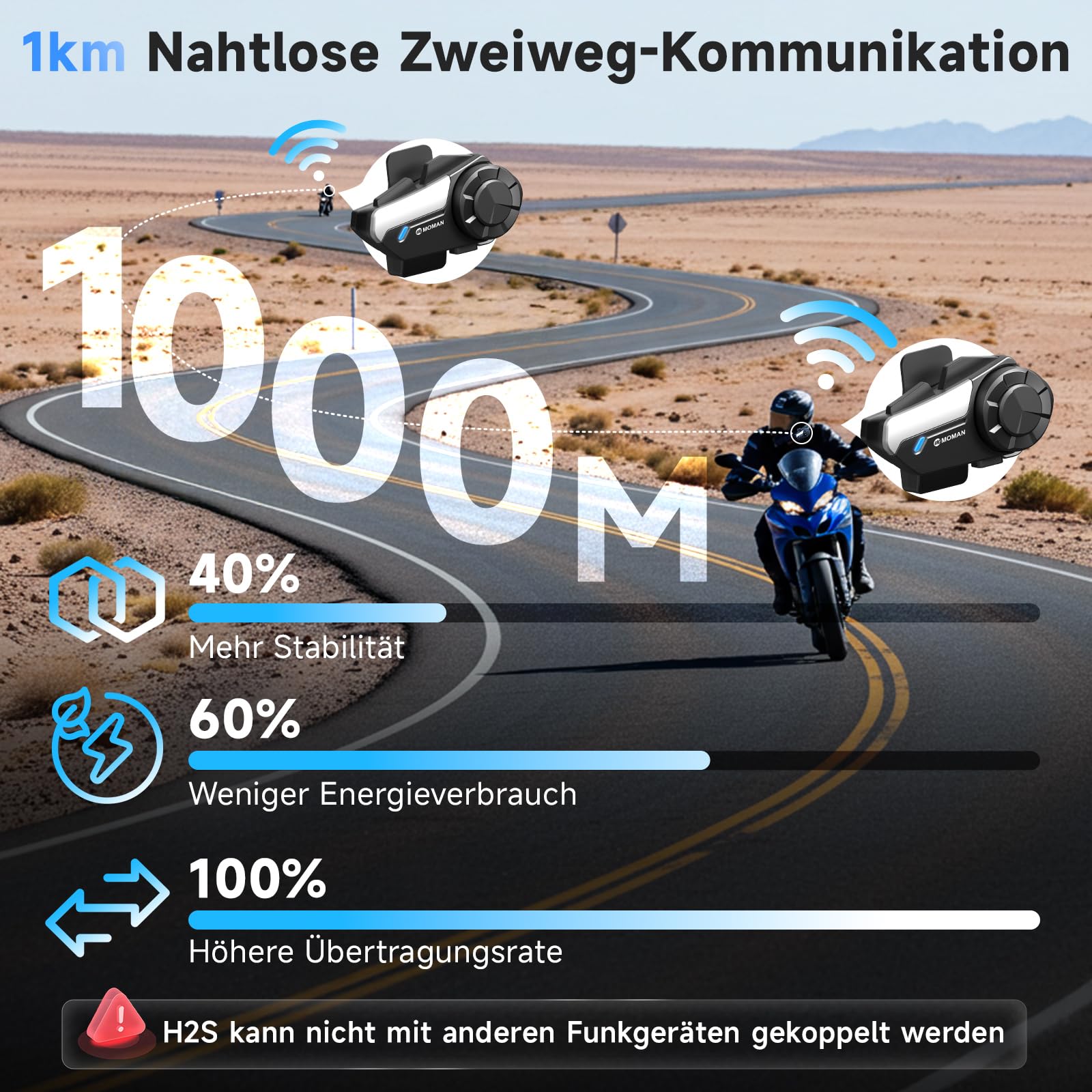 Moman Motorrad Intercom Headset, H2S 1000M Motorradhelm Kommunikationssystem ENC& DSP&CVC Geräuschreduzierung Multitasking-Audio Hi-Fi Stereo Musik Teilen FM AI Sprache IPX6 Wasserdicht (2 Pack) 2