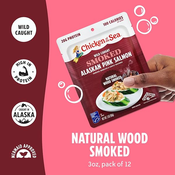 CHICKEN OF THE SEA SMOKED ALASKAN PINK SALMON, 3 OUNCE PACKETS (PACK OF 12), WILD CAUGHT SALMON, NATURAL WOOD SMOKE
