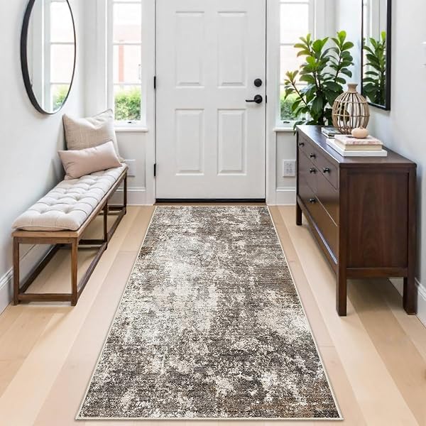 3X6 NON-SLIP WASHABLE ENTRYWAY RUG – STAIN-RESISTANT LOW-PILE THIN WIDE CARPET RUNNER FOR KITCHEN, HALLWAY, BATHROOM | MODERN NEUTRAL ABSTRACT(BROWN BEIGE,3X6)