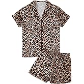 LYANER Women's Satin Silky Short Sleeve Button Shirt Sleepwear 2Piece Pajama Set
