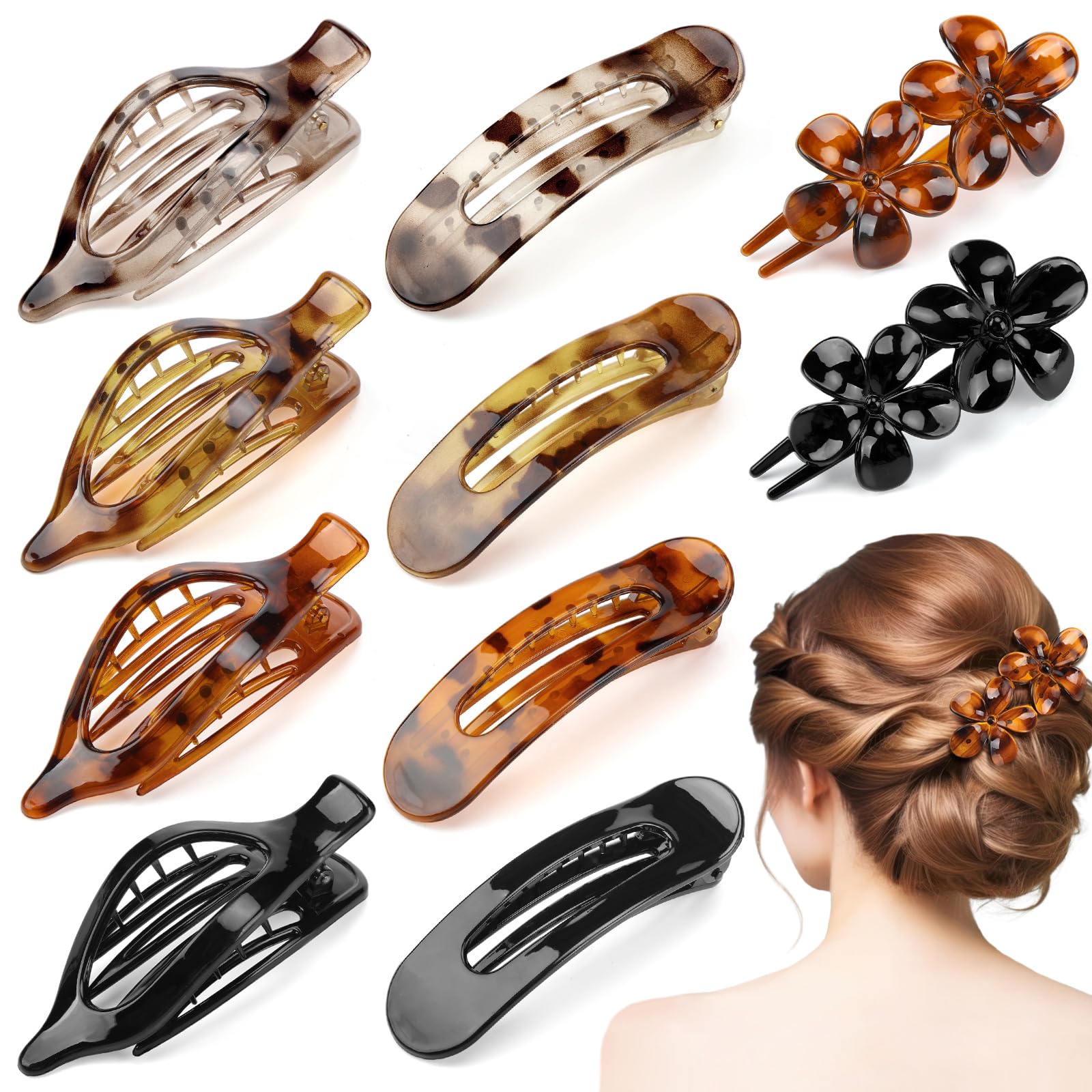 Photo 1 of 10 Pcs Flat Hair Clips for Women, 3 Styles Tortoise Flat Claw Clips, Strong Hold No Slip French Flat Hair Clips for Thin Thick Curly Hair, Tortoiseshell