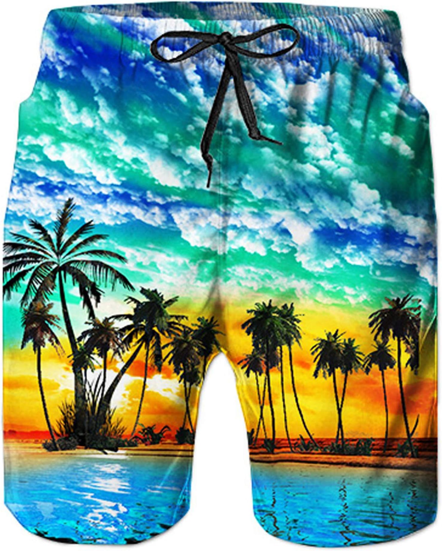 Mens Beach Shorts Quick Dry Beach Pants with Pockets Printed Swim Trunks