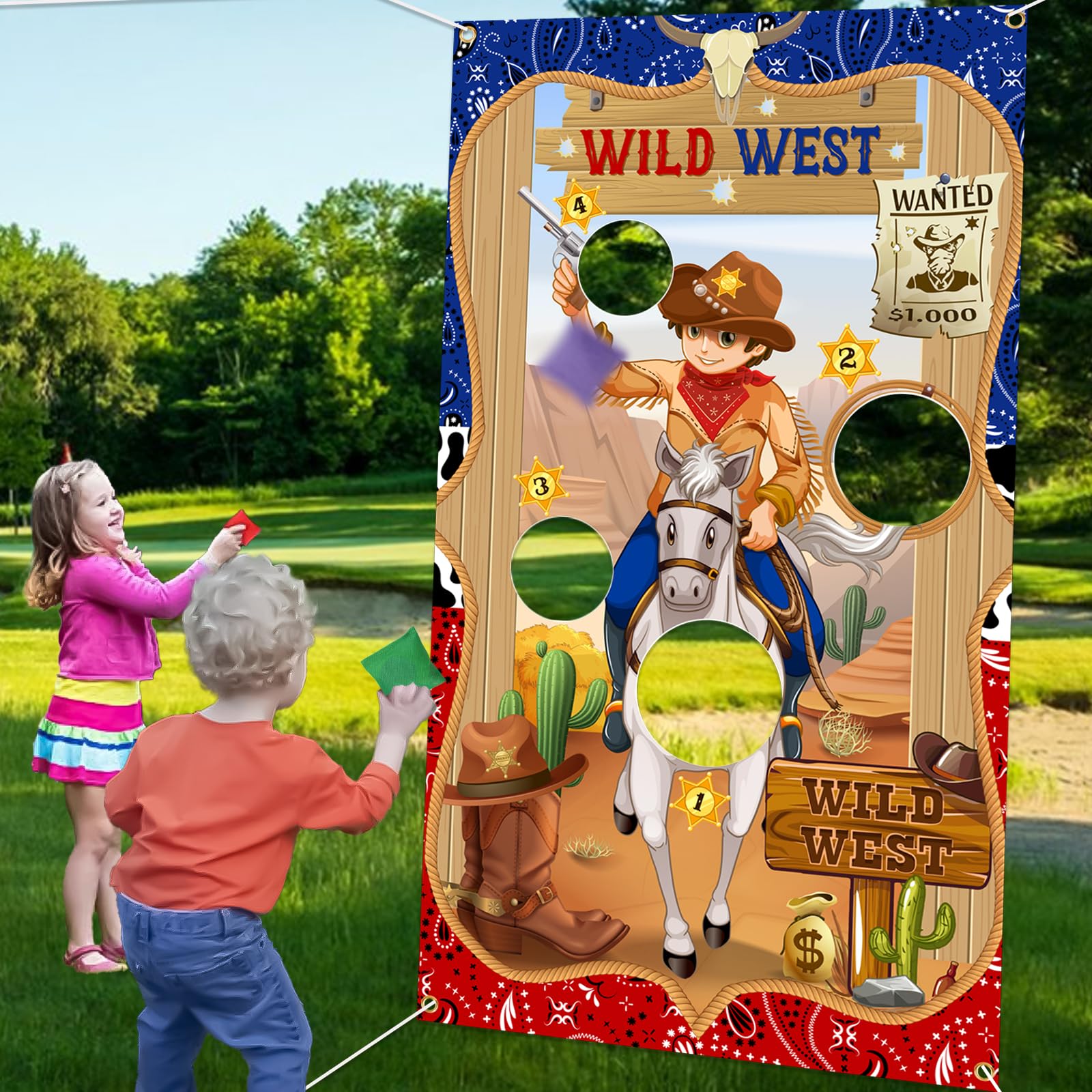 Cowboy Toss Game, Wild West Cowboy Backdrop with 3 Pack Bean Bags for Kids Adults, Cowboy Throwing Game for Western Party Decorations Favor Outdoor Indoor Games Family Class Activity Carnival