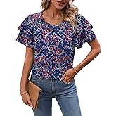 APOOU Womens Tops Dressy Casual Floral Crewneck Flutter Sleeve Tops Flowy Shirts Chiffon Blouses Business Clothes