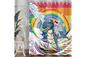 DEECABIN Funny Unicorn Riding Dinosaur Shower Curtain for Kids , Homosexuality LGBT Bathroom Curtain, Rainbow Pride Japanese Asian Anime Ocean Wave Fabric Restroom Decor Accessories with Hooks 70X70 Inch