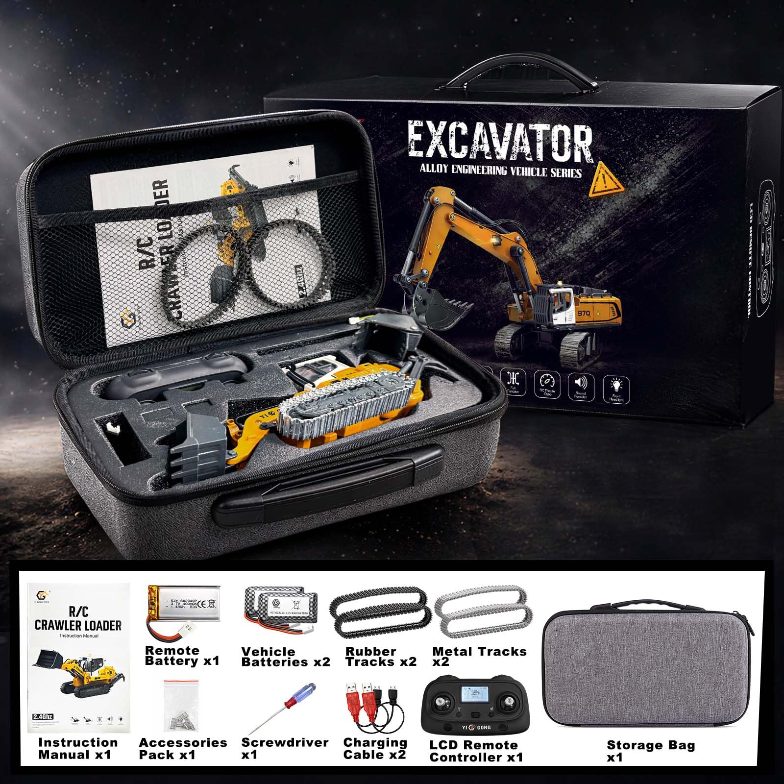 RC Radlader 1:50,Mini RC Loader Laderaupe mit Metallschaufel, Metallketten, 2,4 GHz LCD-Fernbedienung, Licht & Sound, 2 Akkus, realistisches Baustellenfahrzeug, für Erwachsene und ab 6 Jahren 7