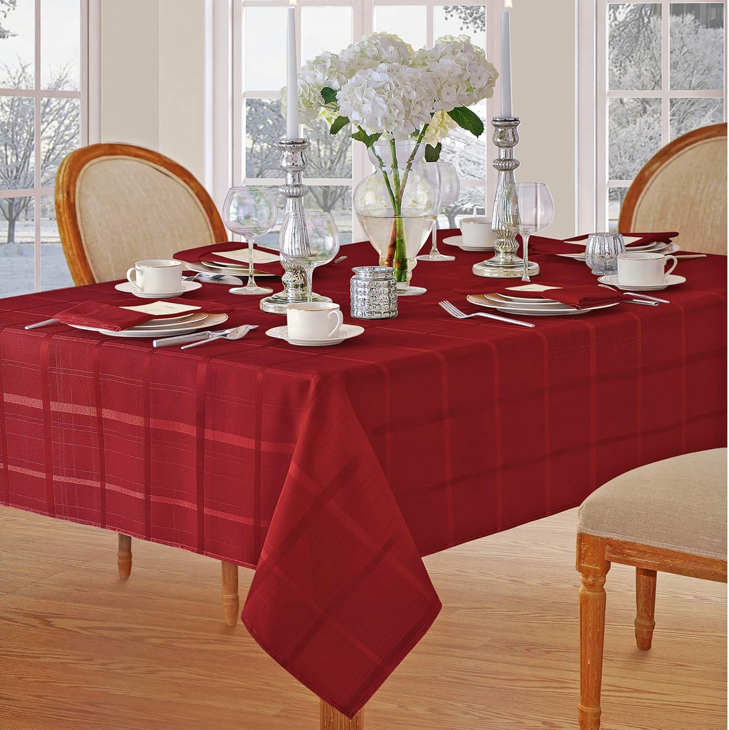 Newbridge Elegance Plaid Christmas Fabric Tablecloth, 100% Polyester, No Iron, Soil Resistant Holiday Tablecloth, 60 Inch x 102 Inch Oblong/Rectangle, Poinsettia Red