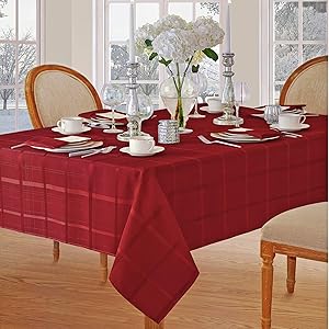 Newbridge Elegance Plaid Christmas Fabric Tablecloth, 100% Polyester, No Iron, Soil Resistant Holiday Tablecloth, 60 Inch x 102 Inch Oblong/Rectangle, Poinsettia Red
