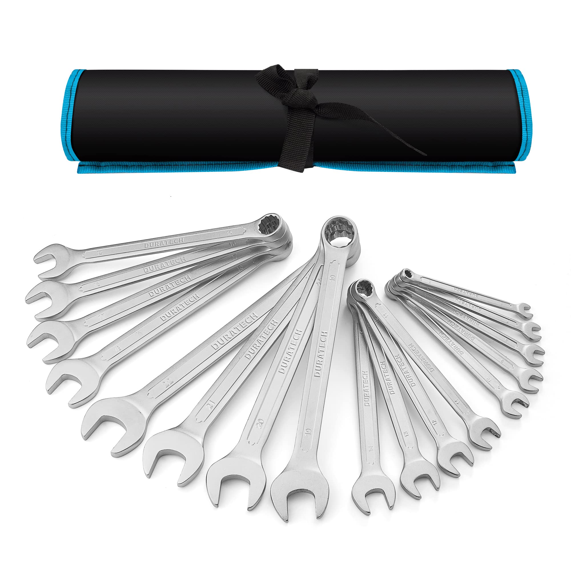 DURATECH 17‑Piece Metric Combination Spanner Set 6–22 mm, 12‑Point Ring & Open End Wrenches, Chrome Vanadium Steel, DIN 3113, with Storage Pouch