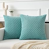 Kevin Textile Throw Pillow Covers Soft Corduroy Decorative Set of 2 Boho Striped Pillow Covers Pillowcases Farmhouse Home Decor for Couch Bed Sofa Living Room 20x20 Inch Aqua Green