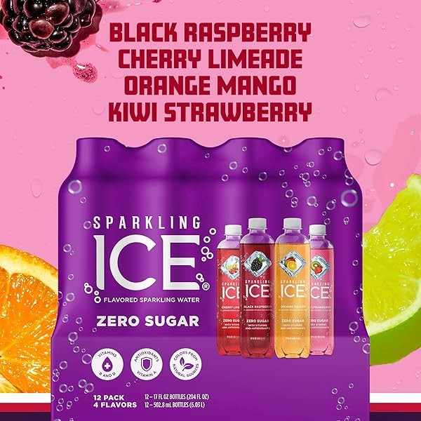 SPARKLING ICE PURPLE VARIETY PACK, FLAVORED WATER, ZERO SUGAR, WITH VITAMINS AND ANTIOXIDANTS, 17 FL OZ, 12 COUNT (BLACK RASPBERRY, CHERRY LIMEADE, ORANGE MANGO, KIWI STRAWBERRY)