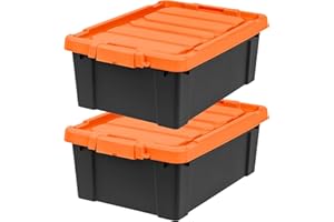 IRIS USA 12 Gallon Lockable Storage Bins with Lids, 2 Pack - Made in USA, Heavy Duty, Stackable Containers, Garage Organizing Bins Moving Tubs, Rugged Sturdy Equipment Utility Box - Black/Orange