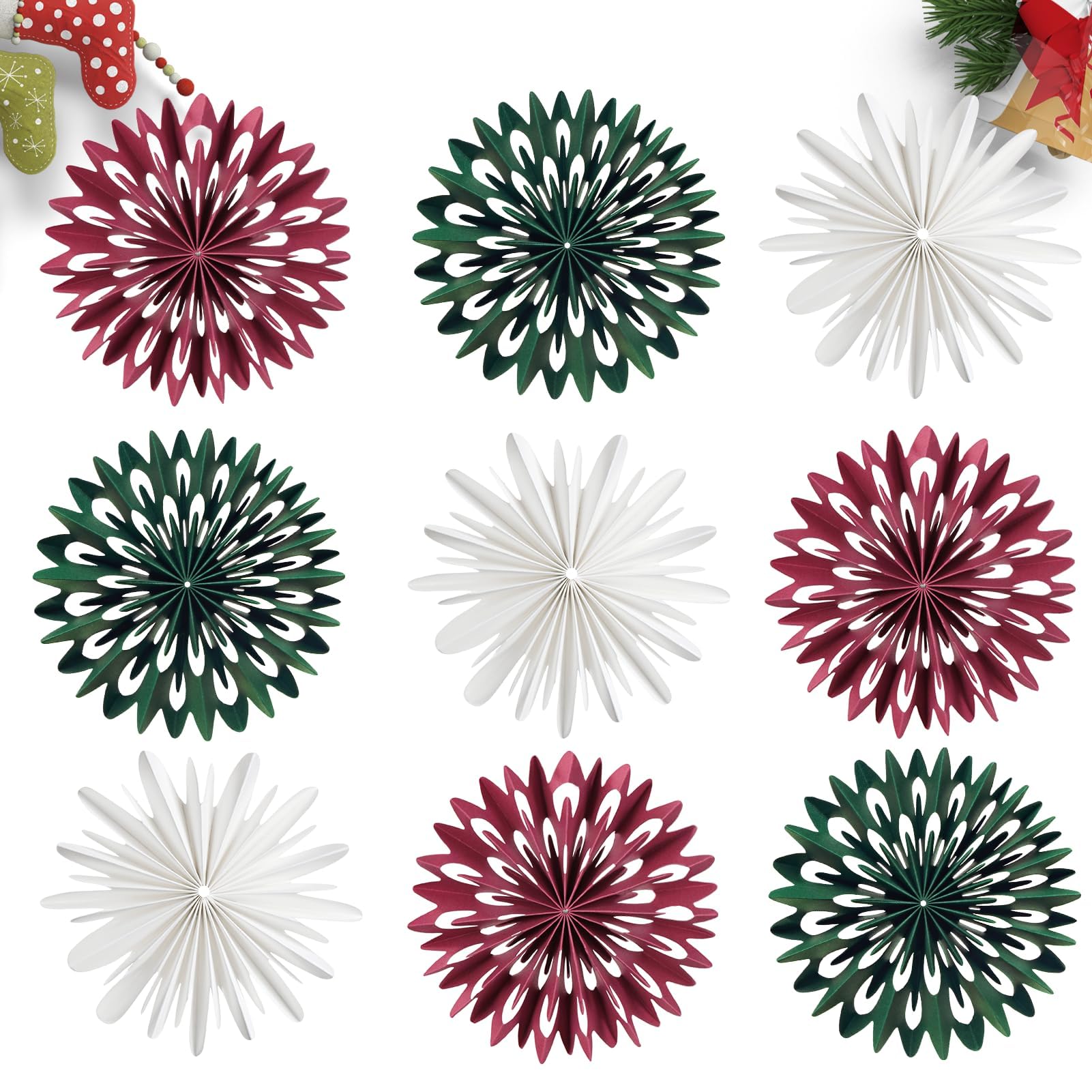 EASY JOY 9 Pcs Christmas Paper Decorations - Tree Hanging Decorations with Red, Green, White Paper Snowflake Fans for Winter Xmas Home Decor — image 1