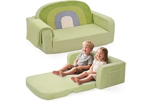 Foryoomi Extra Wide Kids Couch, 2-in-1 Soft Toddler Couch with Blanket, Comfy Toddler Chair, Convertible Sofa to Lounger with Cute Colorful Rainbow Design, Green