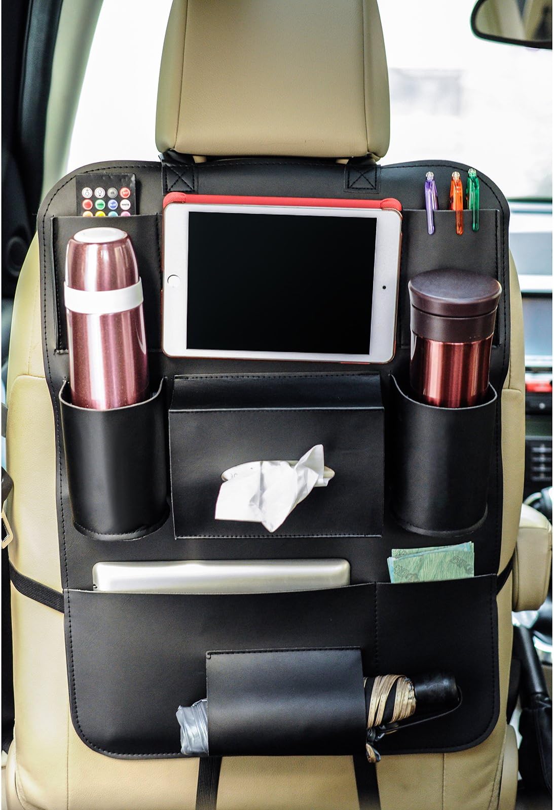 Car Seat Back Organizer, Pu Leather Car Seat Back Organizer, Fit Most Vehicles, Ipad/Tablet Holder, Backrest Pocket for Children,Travel Storage Bag, Kick Mat and Car Organizer. ( Black)
