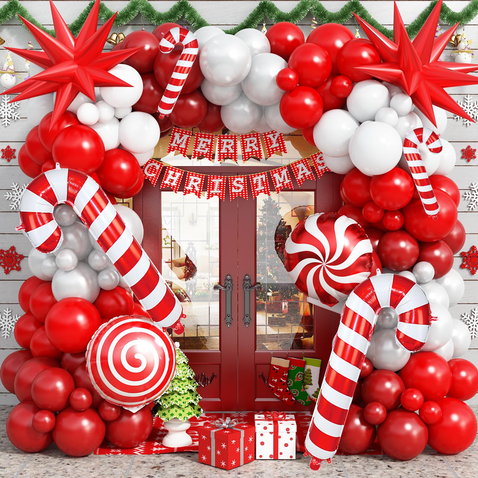Red Christmas Balloon Arch Kit - 134 Pcs Ruby and White Garland With Big Star Cane Windmill Candy Foil Balloon *8, Pearl White Bright Dark Red Balloons for Merry Holiday Decor