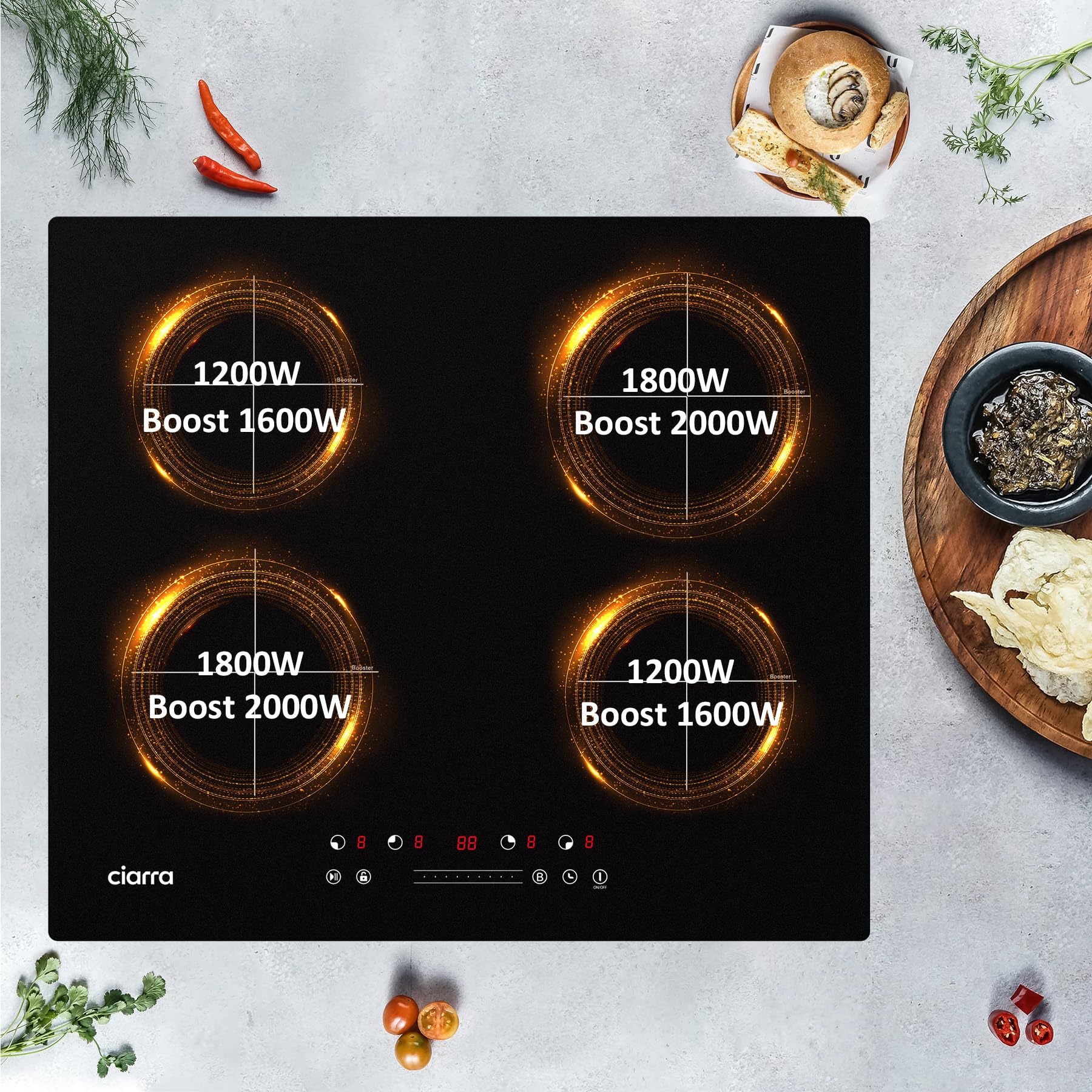 CIARRA CBBIH4B 4 Zonen Einbau Induktionskochfeld 60 cm mit Power Booster Touch-Bedienung Kochfeld Induktion 9 Leistungsstufen Timer Kindersicherung Restwärmeanzeige Pause- und reStart-Funktion 7200W 8