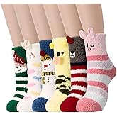 Jspupifip 6 Pairs Cartoon Fuzzy Socks for Women Cute Coral Fleece Cozy Warm Socks Christmas Fluffy Slipper Sock
