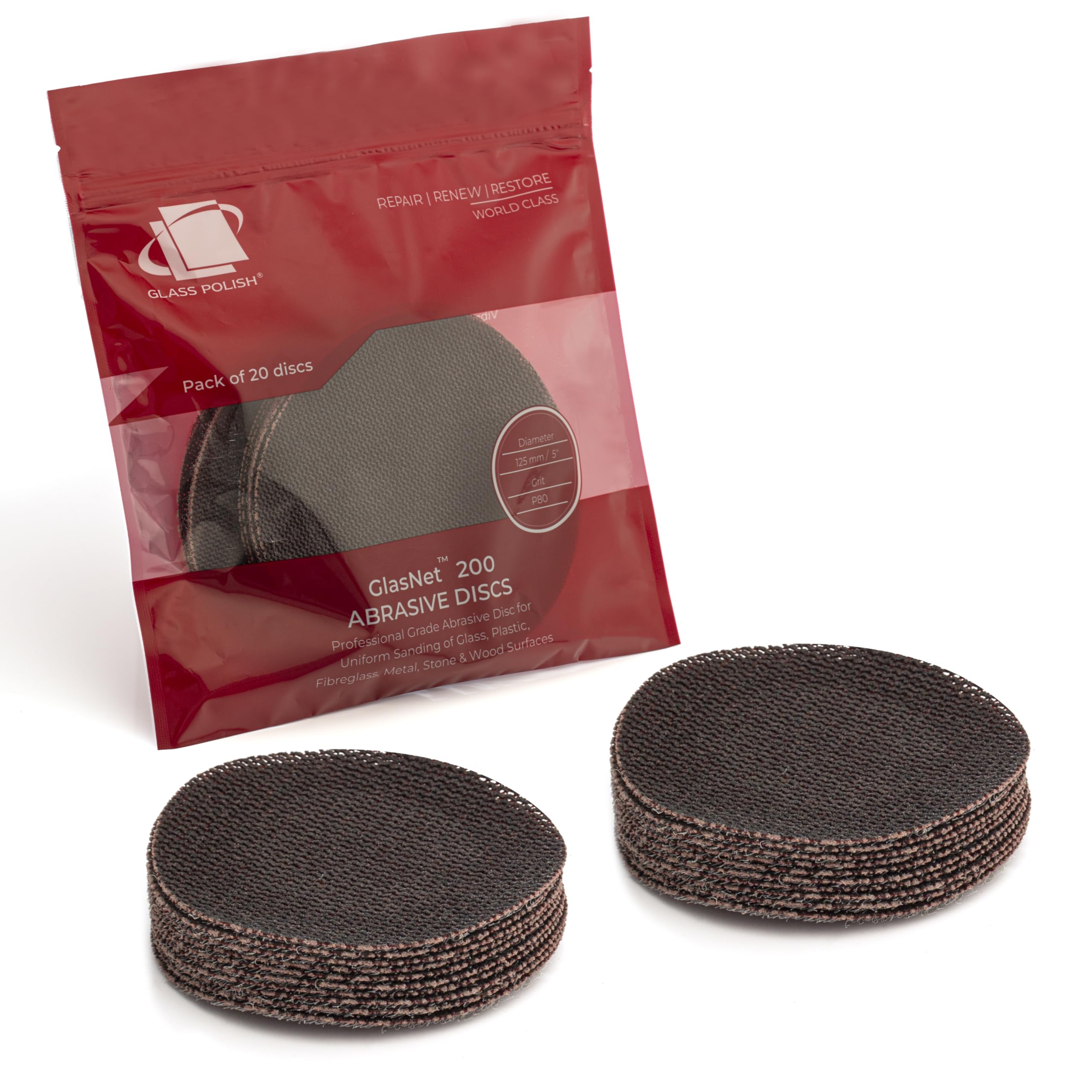 Glass Polish 5 inch (125mm) 80 Grit Pack of 20 Sanding Discs for Rotary Polisher - Net Mesh Silicon Carbide Abrasive P80 - GP14504