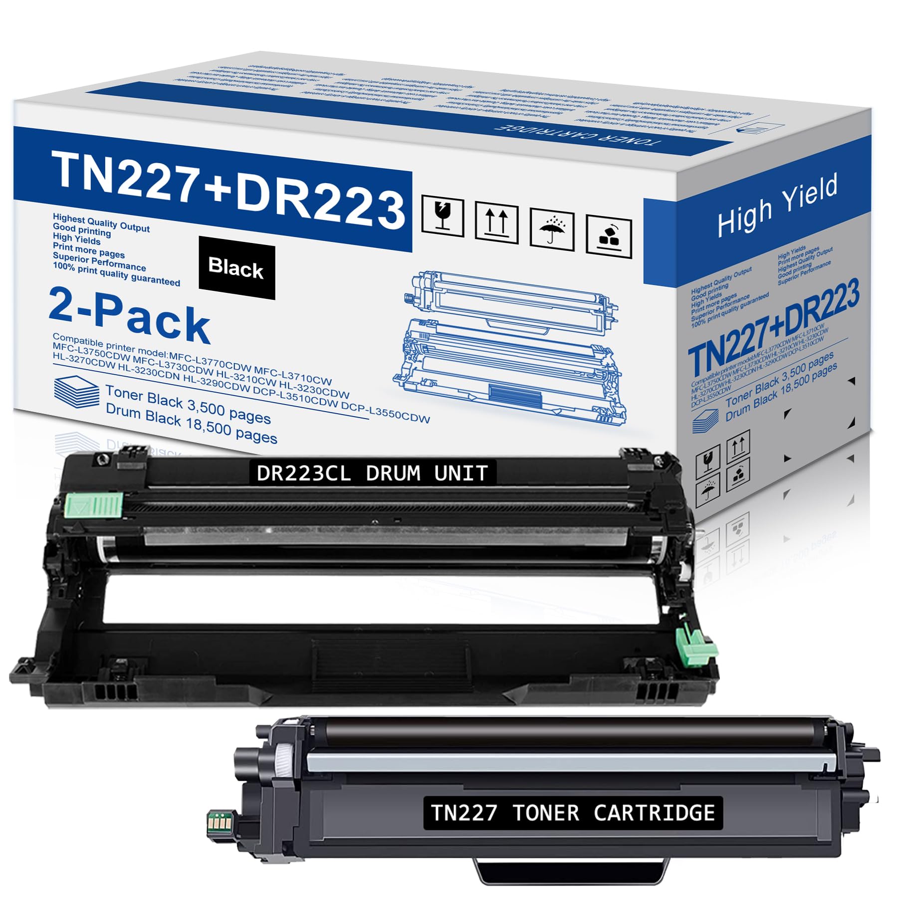 Photo 1 of 2 Black TN227 High Yield Toner Cartridge DR223CL Drum Unit Replacement for Brother TN-227 TN227BK DR223CLBK DR-223CL for MFC-L3710CW MFC-L3770CDW MFC-L3750CDW HL-3230CDW Printer (1Toner+1Drum)