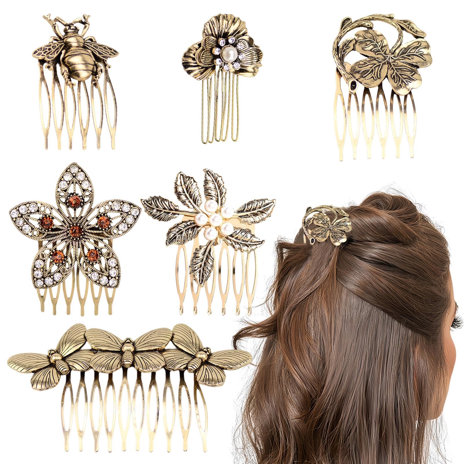 6 pcs Vintage Hair Combs Set, Pearl Rhinestone Metal Hair Clips with Teeth Grip, Gold Crystal Decorative Hair Combs Bridal Hair Piece Pins for Wedding Accessories(gold)