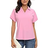 JINSHI Women's Golf Polo Shirts V Neck Collared Short Sleeve Sport Top UPF50+ Loose Tennis Shirts Quick Dry