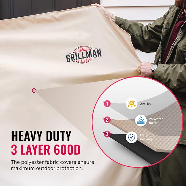 GRILLMAN GRILL COVER, BBQ OUTDOOR GRILL COVERS, CHARCOAL, GAS GRILLS, WATERPROOF, RIP-PROOF, WEATHER-RESISTANT, ANTI-UV, BARBECUE COVER FOR WEBER, GENESIS, CHARBROIL, NEXGRILL, ETC (TAN, 60 INCH)