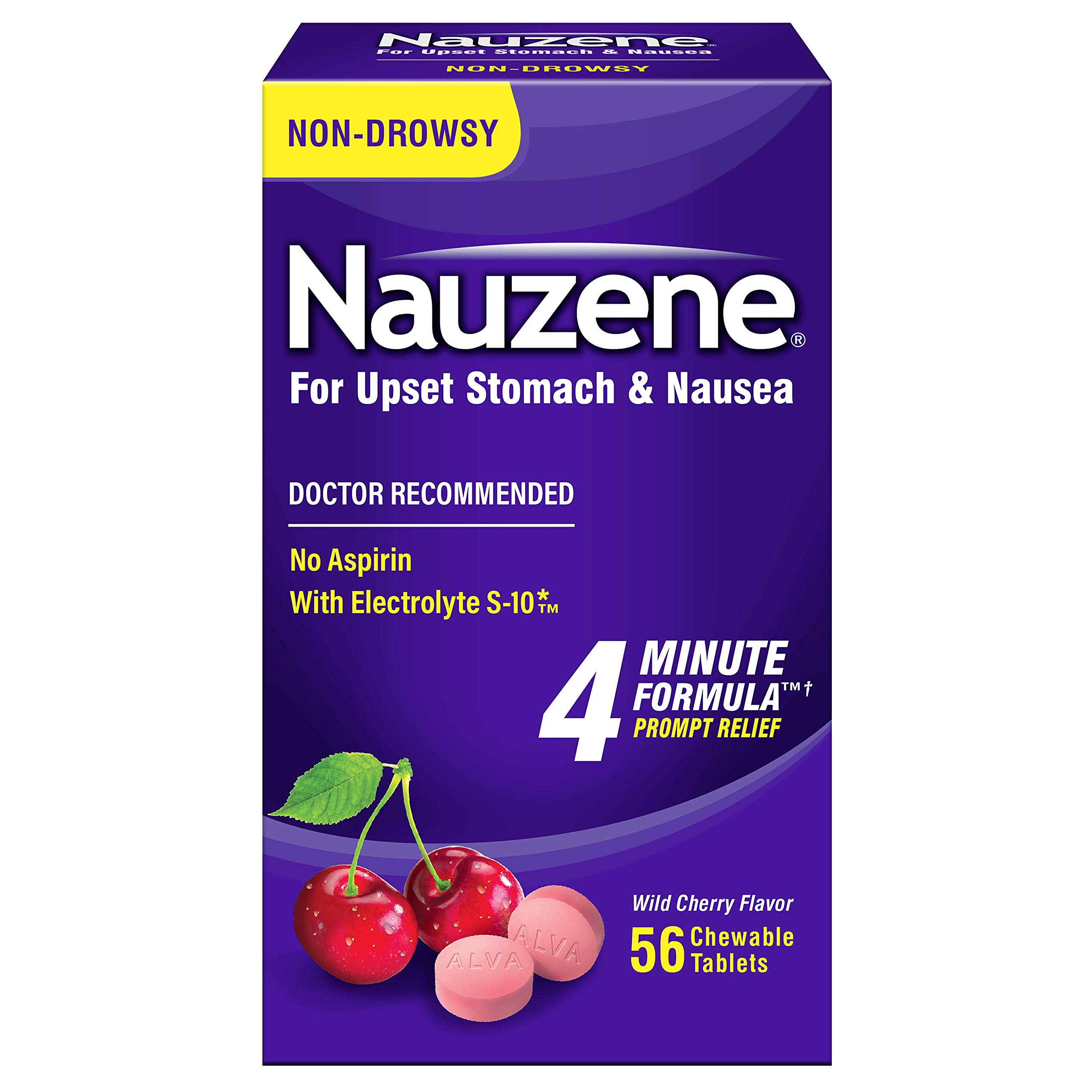 Nauzene Non-drowsy Upset Stomach & Nausea Relief Chewable Tablets - Fast-Acting Relief in 4 Minutes - Doctor Recommended - Wild Cherry Flavor, 56 ct
