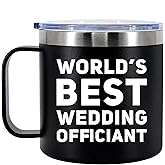 Panvola World's Best Wedding Officiant From Bride Groom Anniversary Souvenir Pastor Minister Insulated Coffee Cup 14oz With Handle And Lid 304 Stainless Steel Camping Travel Thermal Mugs - Black