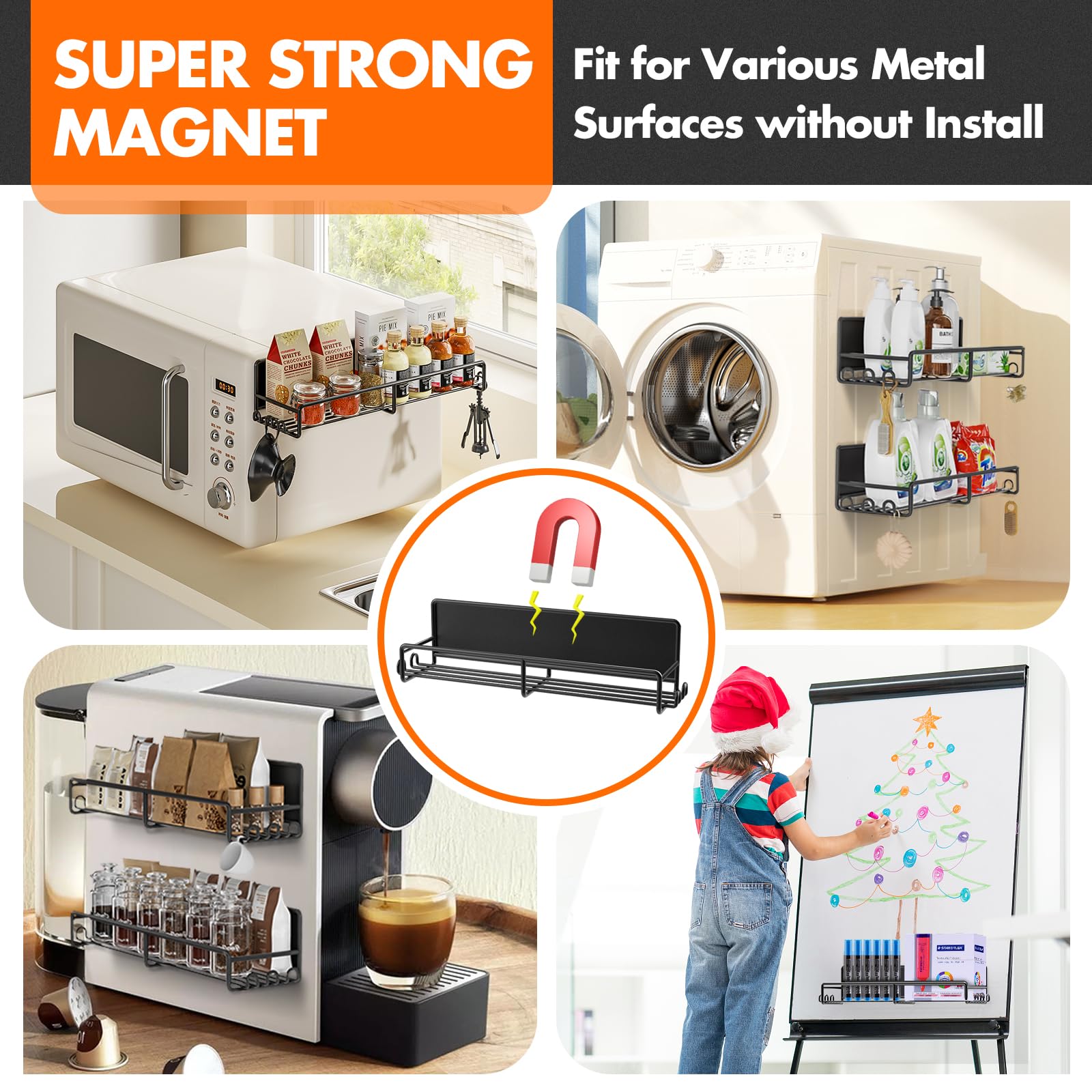 Magnetic Spice Rack for Refrigerator, 4 Pack Magnetic Fridge Shelf with Hooks, Spice Organizer Shelf for Kitchen Organization and Storage, Seasoning Organizer Gadgets for Metal Surface