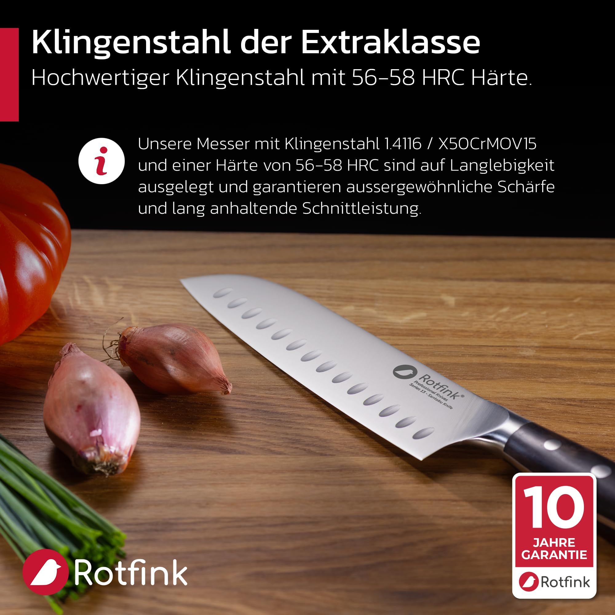 ROTFINK Santoku Messer 18 cm, Profi Küchenmesser scharf, Kochmesser, Fleischmesser, Edelstahl 56-58 HRC, ergonomischer Ebenholz-Griff, 15° Schleifwinkel, Geschenkbox, 10 Jahre Garantie 4