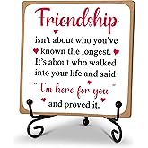Friendship Gifts for Women Men, Desk Decor for Best Friend, Friendship isn't About Who You've Know the Longest Quotes Wood Plaque With Metal Stand, Sunflower Desk Sign for the Home Office(C25)