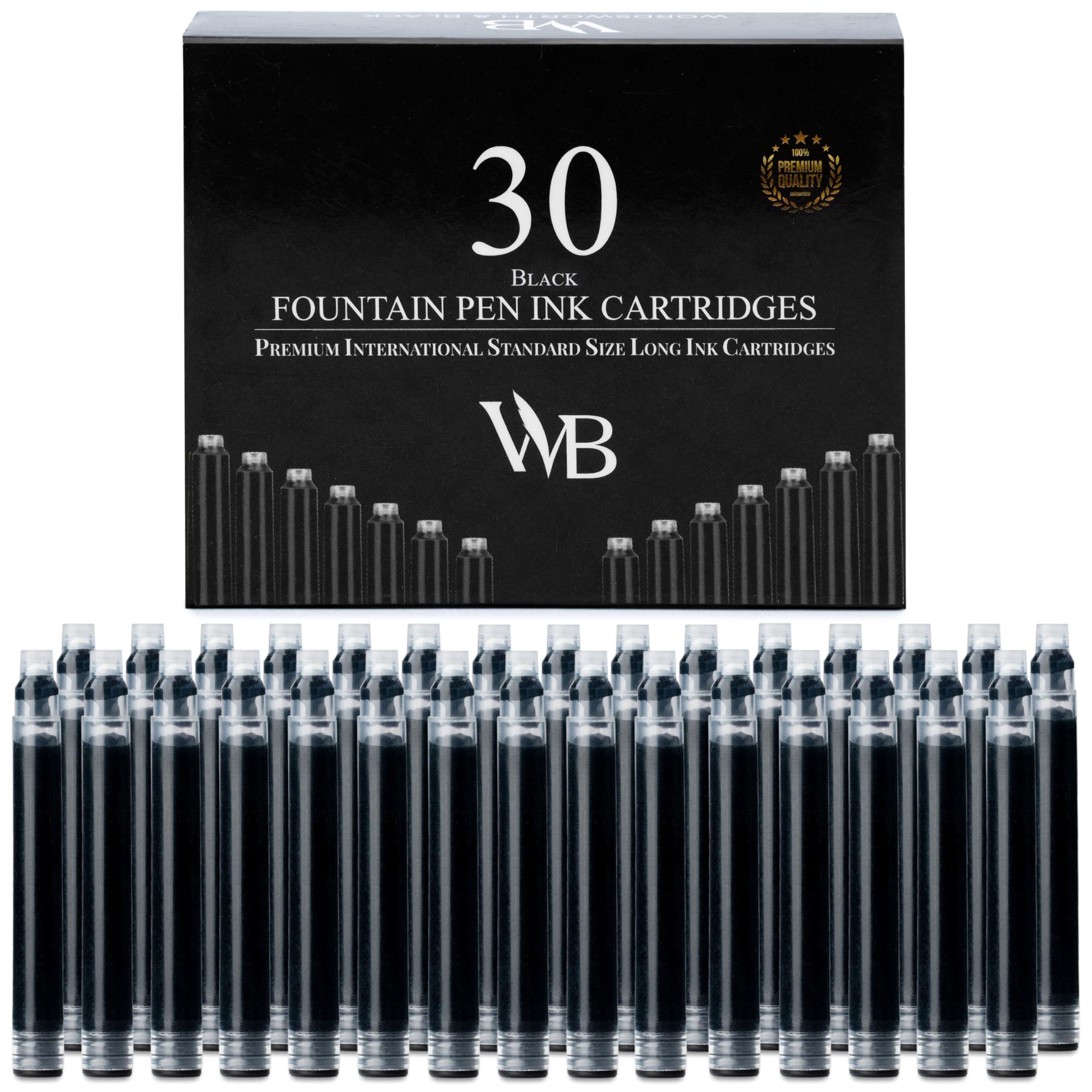 Wordsworth & Black 30 Pack Fountain Pen Ink Refills - Set of 30 Black Ink Cartridges - International Standard Size - Length APPR 2.3" - Base Diameter APPR 0.24" - Disposable and Generic — image 1