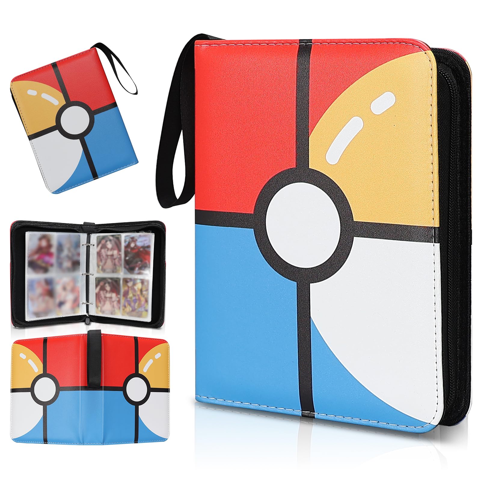Collectible Trading Card Albums,4 Pocket Card Binder, 400 Double Sided Pocket PU Premium Zip Trading Collection Binderwith 50 Removable Sleeves, Card Folder forTCG, Sports Cards (Red &Blue)